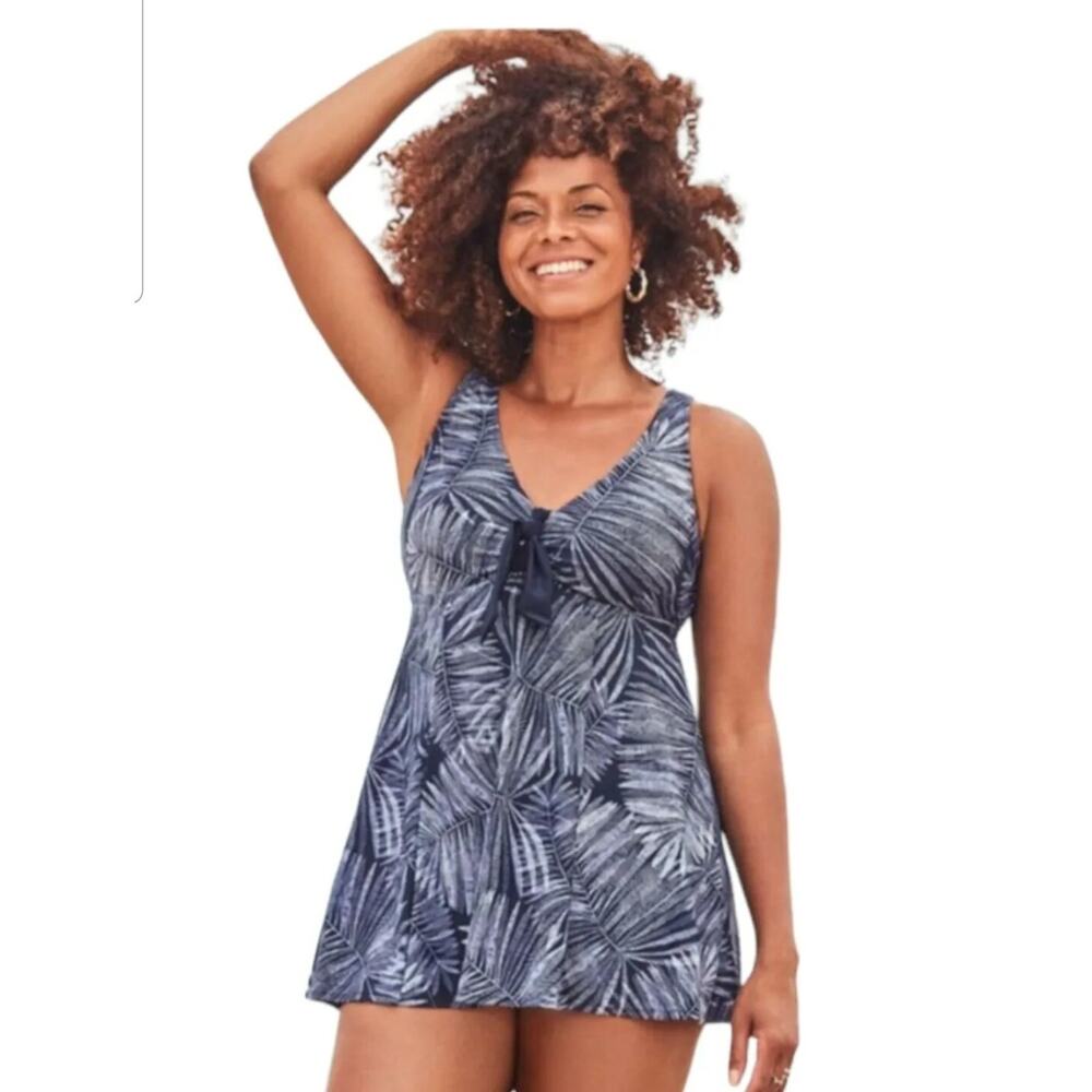 Swimsuits For All Tie Front Swim Dress Size 20 Blue Palm Print V-Neck Bow.